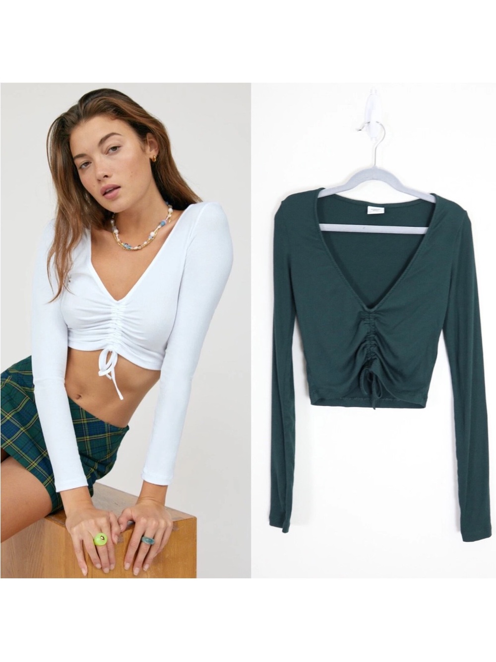 Sunday Best Ruched V-Neck Long Sleeve Crop Top - Forest Green